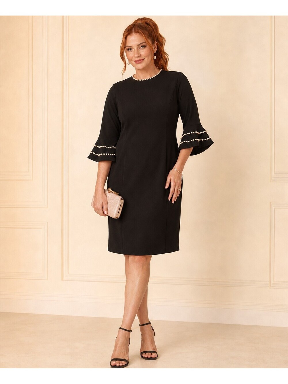 Adrianna Papell Plus Size 16W Modest White Pearl 3/4-Sleeve Sheath Black Dress